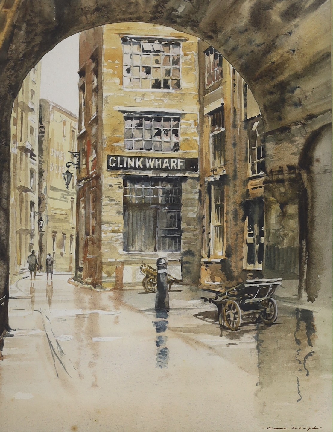 Bert Wright RSMA, watercolour, Clink Wharf, signed, 35 x 27cm